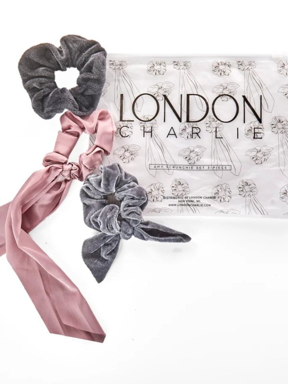 London Charlie 3 Piece Scrunchie Set - Rose Gray & Black Scrunchies - NEW